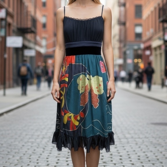 Sue Wong Dresses & Skirts - Sue Wong Ruffle Silk Strappy Dress Black Floral Botanical Print SZ 0